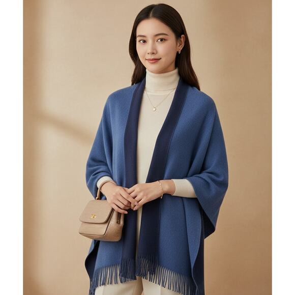 St. John Wool Rayon Blend Shawl Wrap | Reversible Navy & Periwinkle | One Size - Picture 1 of 9